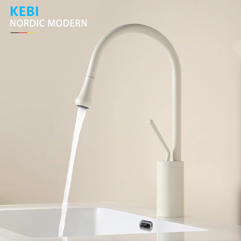 Cream-Colored Swan-Shaped Pull-Out Faucet for Above and Below Counter Basins, Elevated Rotating Hot and Cold High-Aesthetic Basin Faucet