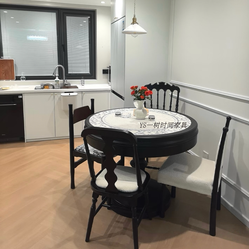 French-Style Small Apartment Retractable and Rotating Round Dining Table, Home Use, Can Be Changed from Large to Small Round Table