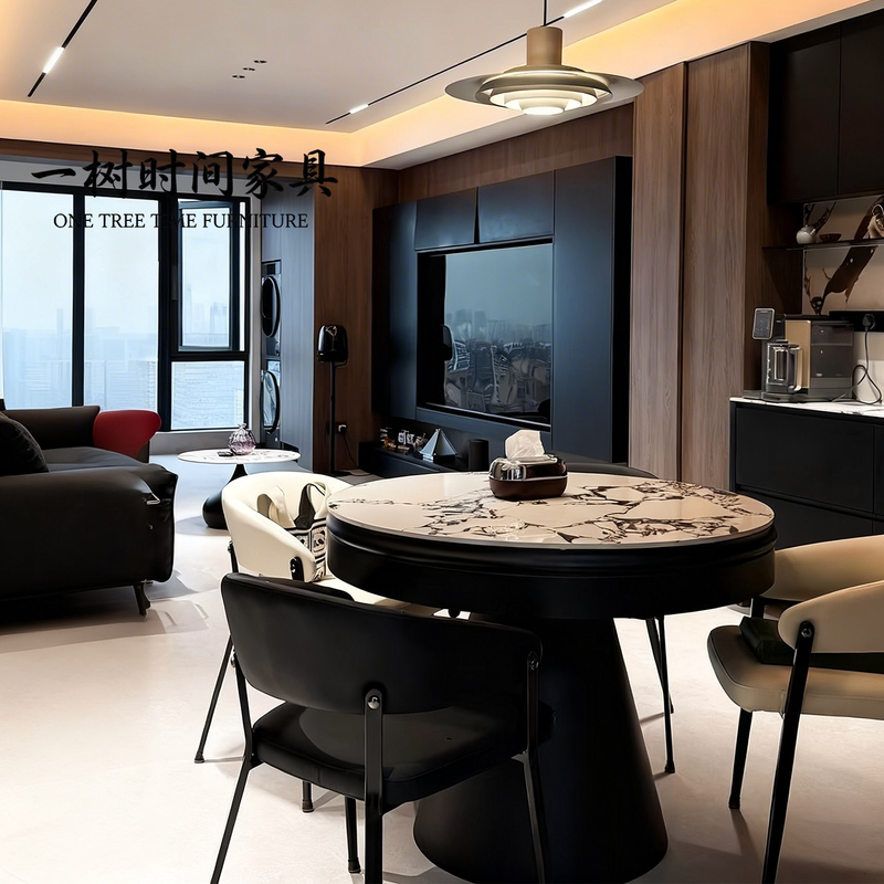 Rotating Round Table for Home Use, Variable Diameter, Simple Round Slate Dining Table with Turntable, Extendable, Suitable for Small Apartments, Fletcher
