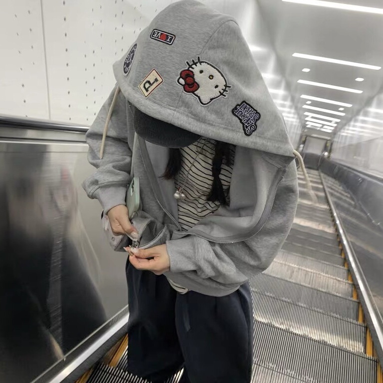 Original American-Style Patch Embroidery Kitty Cat Cardigan Hooded Sweatshirt Autumn and Winter New Loose-Fitting Couple Zipper Jacket
