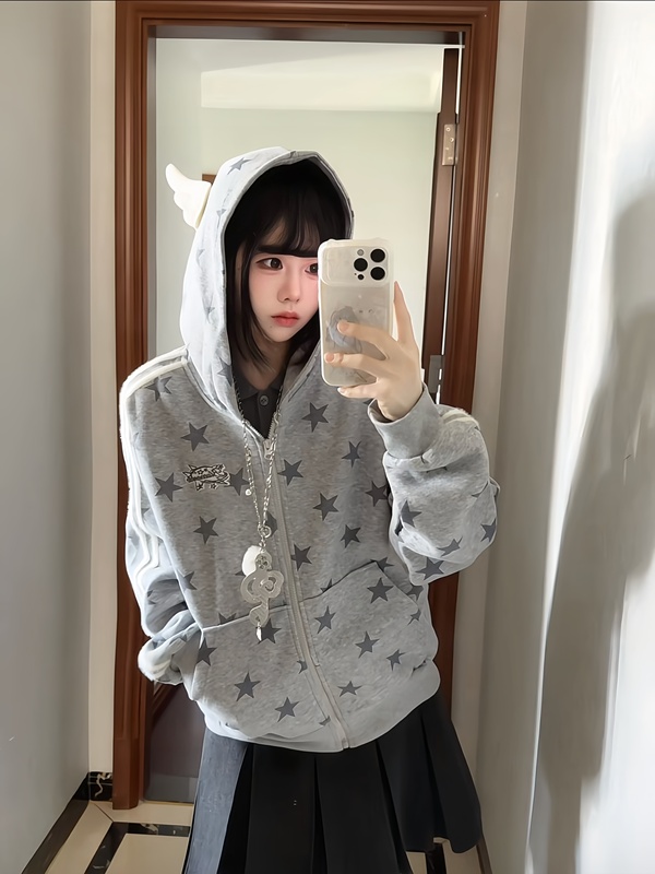American Retro Style Star-Printed Embroidered Zip-Up Hoodie for Women, New Autumn and Winter Loose-Fitting Couple's Cardigan Jacket, Trendy American Retro Style Star-Printed Embroidered Zip-Up Hoodie for Women, New Autumn and Winter Loose-Fitting Couple's Cardigan Jacket, Trendy