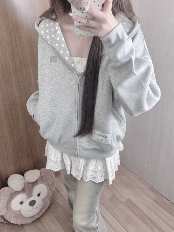 Original American Retro Polka Dot Lined Hooded Sweatshirt for Women, New Autumn and Winter Loose-Fitting National Trend Brand Cardigan Couple's Jacket