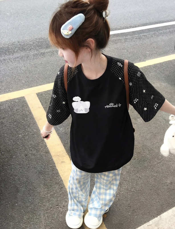 Original Cartoon Cat Velcro Embroidered Short-Sleeved T-Shirt for Women, New Summer Style Loose Design Raglan Sleeve Top