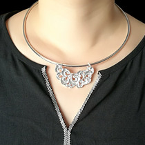 Double hanging ring hollow adult female 925 silver pendant collarbone Lady woman silver collar national wind Joker