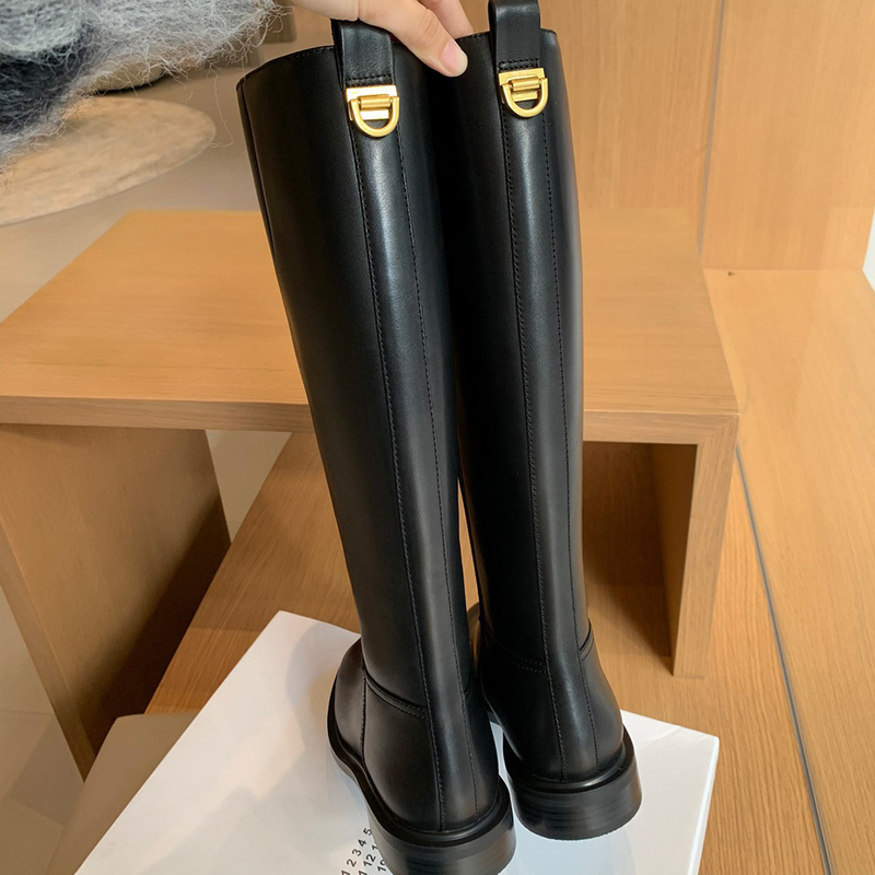 Genuine Leather Round-Toe Slimming Low-Heeled Long Boots for Women, 2025 Autumn and Winter New Style, Flat-Soled Side Zipper High-Tube Riding Boots, Motorcycle Boots