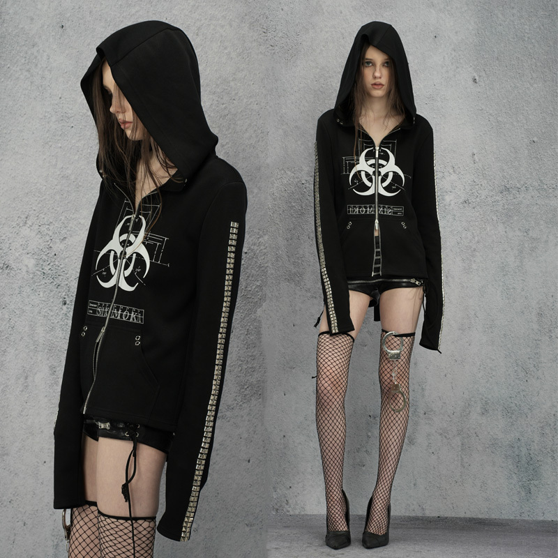 Sixmoki* Hooded Rivet Biochemical Radiation Print Pure Cotton Cardigan Long-Sleeved Sweatshirt