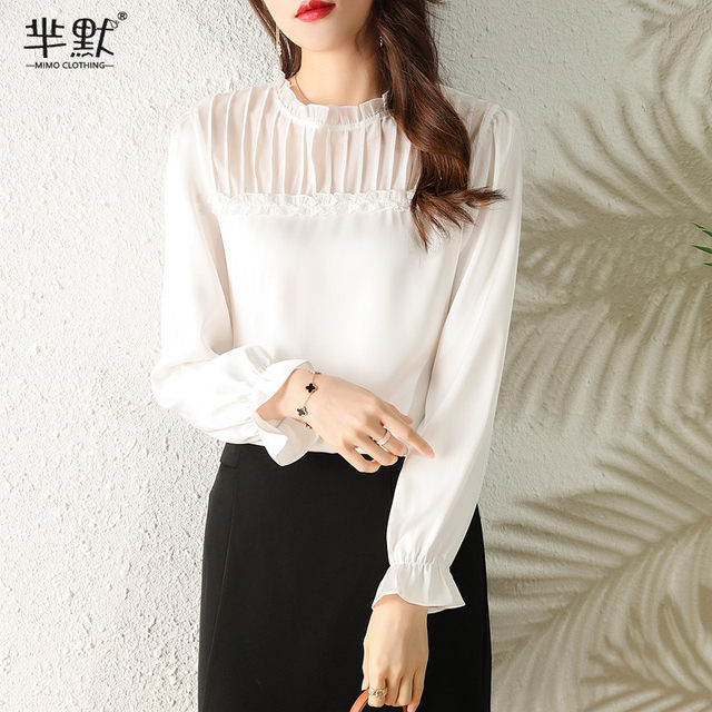 Stand collar chiffon shirt women spring 2023 new fashion loose solid color long-sleeved top foreign style beautiful small shirt