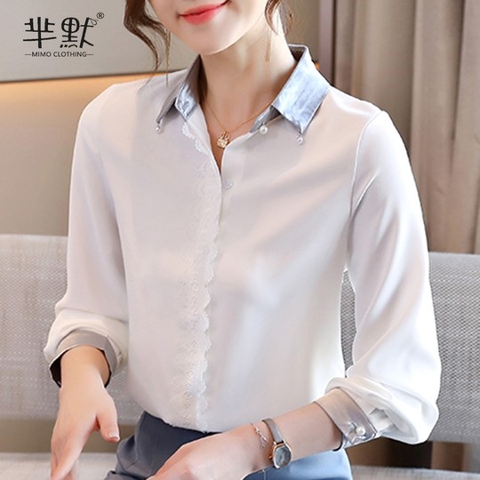 Camisa de gasa de satén blanco para mujer, top de manga larga con solapa empalmada de encaje de estilo coreano, versátil, otoño e invierno, 2025