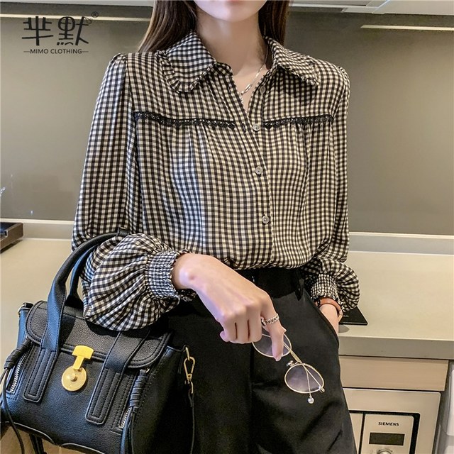 Spring Ladies Shirt Long Sleeve 2023 New Loose Chiffon Top Versatile Plaid Slim Western Style Bottom Shirt