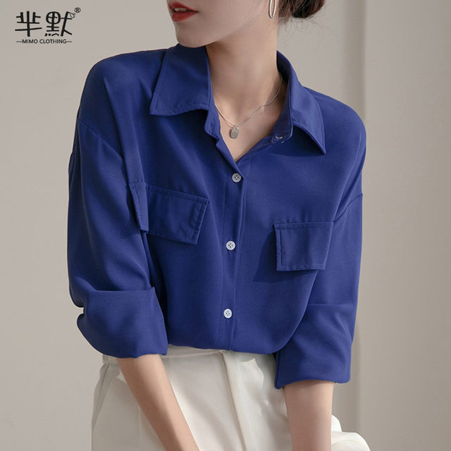 2023 spring new Klein blue long-sleeved shirt female design sense niche commuting professional OL temperament top