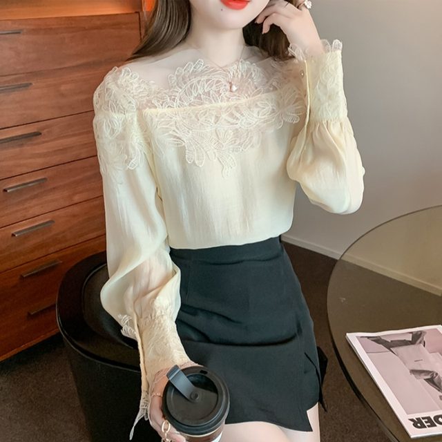 Early autumn one-word collar puff sleeve chiffon shirt women's top 2023 new temperament fashion western style bottoming shirt