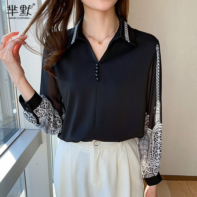 2023 Autumn New Shirt OL Lapel Ink Printed Sleeve Stitching Slim Fashion Western Style All-match Top for Age Reduction