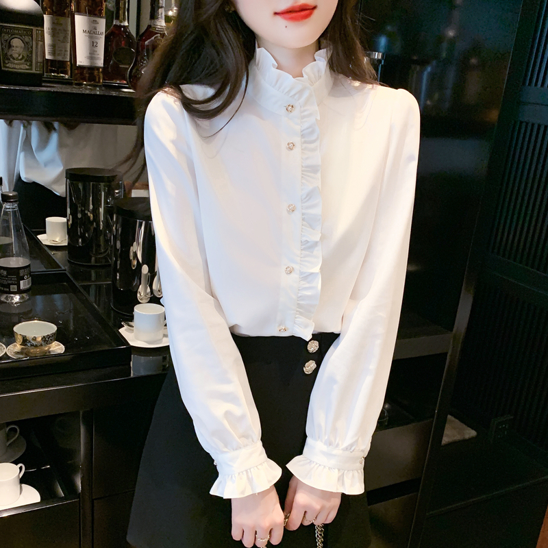 French-Style Stand-Up Collar Ruffled Lace Chiffon Shirt for Women, Spring and Autumn, Chic and Unique, High-Necked Bell-Sleeve Top French-Style Stand-Up Collar Ruffled Lace Chiffon Shirt for Women, Spring and Autumn, Chic and Unique, High-Necked Bell-Sleeve Top