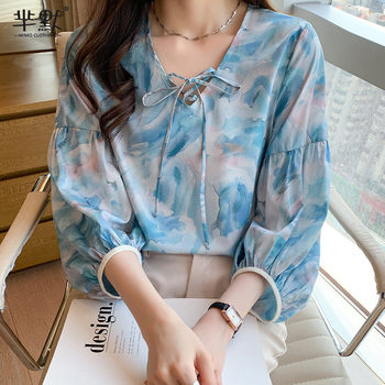 French 2023 summer commuter fashion V-neck tie temperament slightly loose mulberry silk shirt top women's spring and summer tide