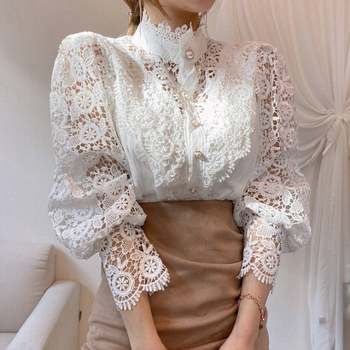 Korean chic autumn French style loose chic button heavy industry lace hollow flower splicing long-sleeved stand-up collar shirt