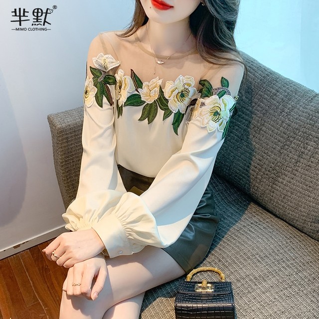 Mesh Stitching White Rose Embroidered Strapless Shirt Women's 2023 Spring and Autumn Unique High-end Sense Loose Top Fashion