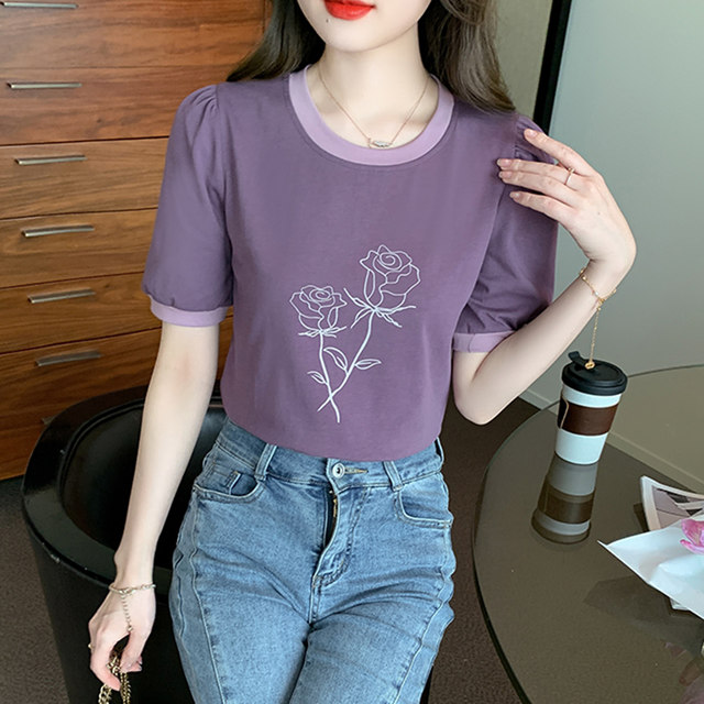 2023 summer new retro short-sleeved front shoulder T-shirt high-end sense of milk wear small design sense tops for women