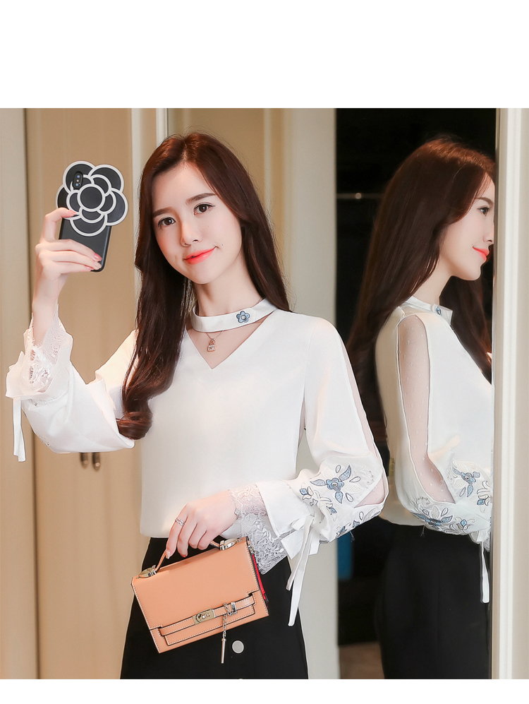 芈 陌 2018 mùa thu mới của Hàn Quốc phụ nữ ren khâu lưới thêu đèn lồng tay áo dài tay áo voan áo sơ mi đáy áo áo kiểu nữ công sở
