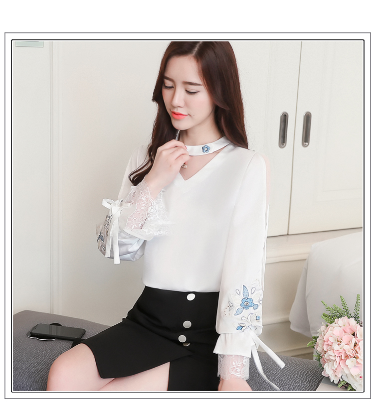 芈 陌 2018 mùa thu mới của Hàn Quốc phụ nữ ren khâu lưới thêu đèn lồng tay áo dài tay áo voan áo sơ mi đáy áo áo kiểu nữ công sở