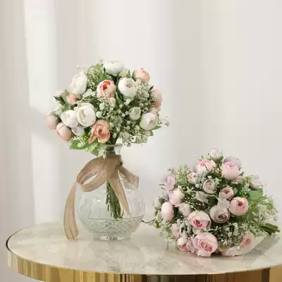 European small rose simulation bouquet fake flower silk flower hand holding flower living room table high-grade floral ornaments decoration