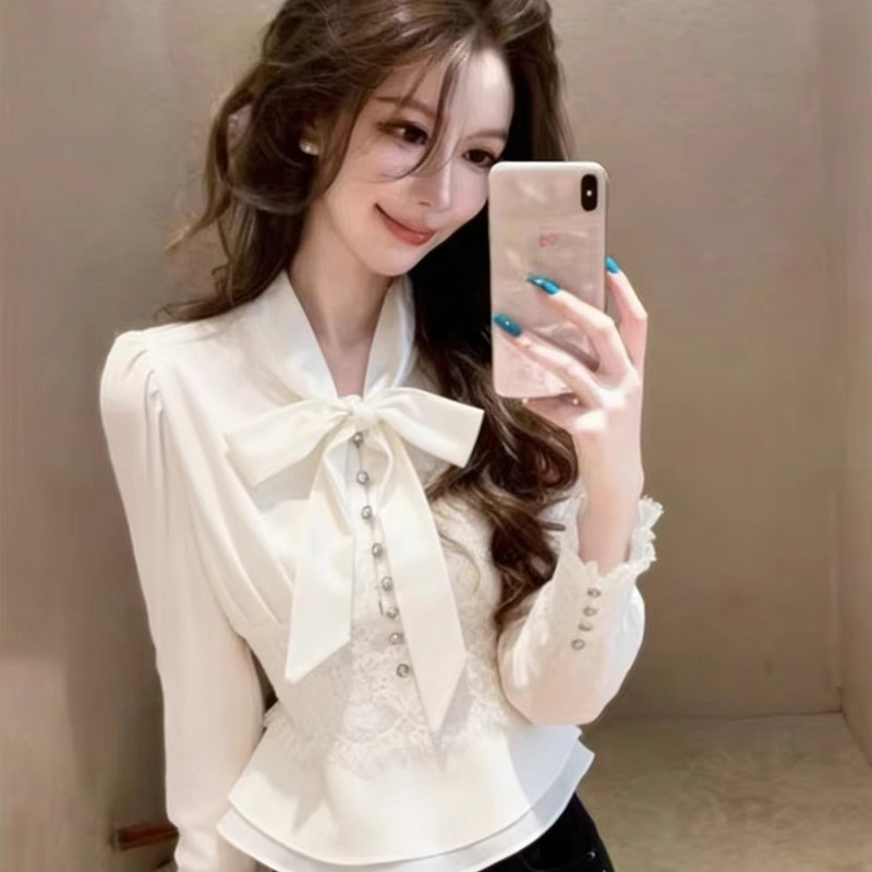 Light Luxury Lace-Trimmed Satin Long-Sleeve Shirt for Women, 2026 Autumn New Style, Waist-Cinching Tie, Elegant Short Top Light Luxury Lace-Trimmed Satin Long-Sleeve Shirt for Women, 2026 Autumn New Style, Waist-Cinching Tie, Elegant Short Top