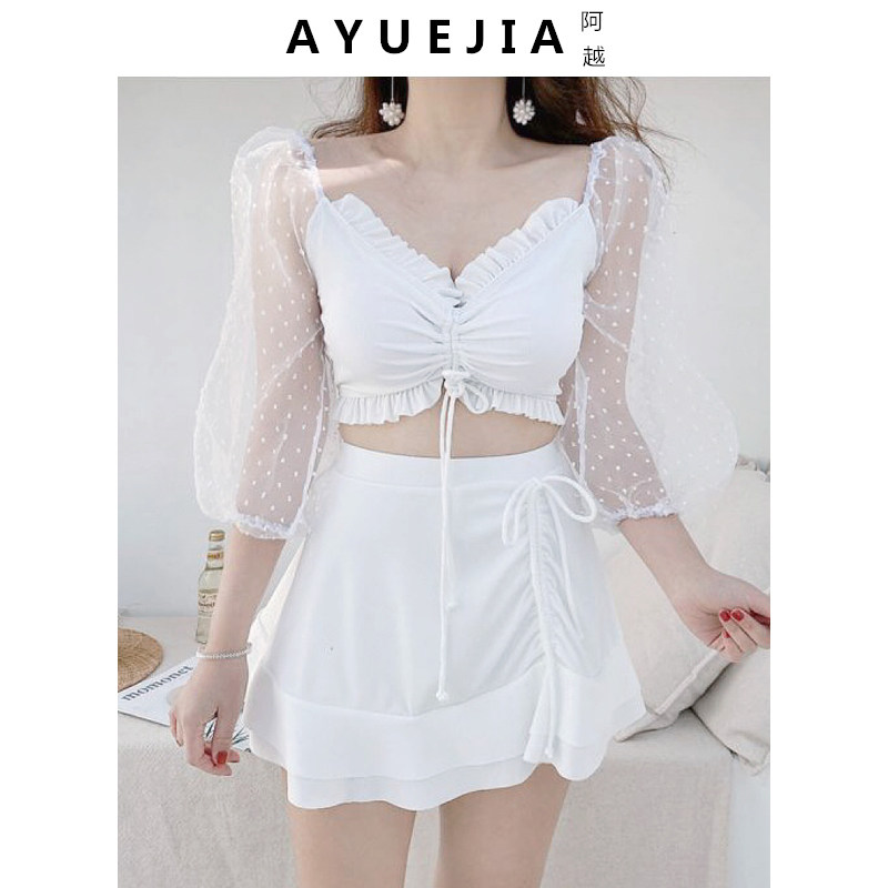 Swimsuit ladies 2021 new hot spring super fairy ins wind conservative skirt two-piece cover belly thin student swimwear