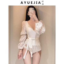 2021 New Fashion Conjoined Swimsuit Woman Long Sleeve Bubble Spa Net Red Sexy Little Breasts Slim Fit Swimsuit