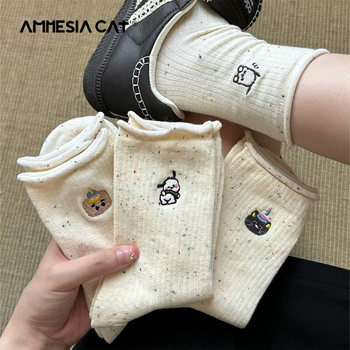 White Socks for Women, Spring and Autumn Mid-Calf Socks, Trendy Japanese Style Cute Rolled Edge Slouch Socks, Embroidered Dotted Yarn Long Socks for Women
