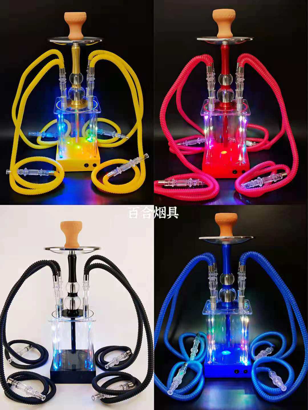 Arabian Hookah Full Set New Gatling 4 Tubes Rechargeable Light Type Acrylic Hookah Yellow Black Blue Red 4 Colors