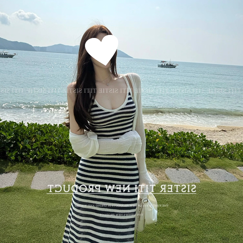 【Morning Gallery】Summer Spaghetti Strap Dress, Thin Linen-Like Vacation Style Striped Knit Long Dress