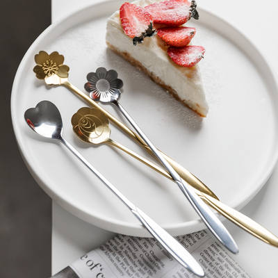 Internet-famous creative cherry blossom spoon, light luxury coffee spoon, stainless steel long-handled stirring spoon, rose heart flower dessert spoon