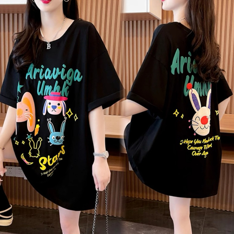 Cartoon Print Pure Cotton Short-Sleeved T-Shirt for Women, Summer New Korean Style, Loose and Versatile, Plus Size 150kg Trendy Top for Plus-Size Women