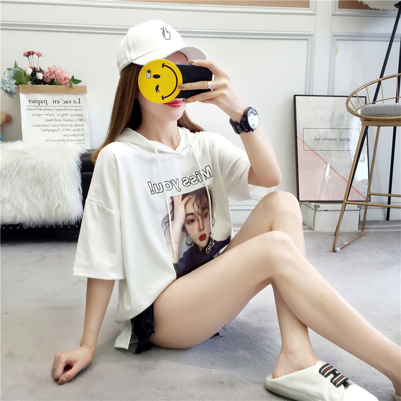 Áo len siêu ngắn cec tay ngắn nữ trùm đầu mùa hè 2019 nữ phiên bản mới của Hàn Quốc áo thun rộng cỡ lớn trên quần áo thủy triều - Áo phông áo thun nữ đẹp