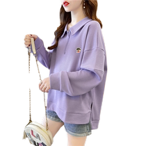 Waffle slit design polo collar sweatshirt for women 2024 spring and autumn new Korean version loose thin versatile top
