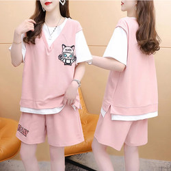 Plus Size Women's 300 Jin Fat mm Pure Cotton Suit Summer New Korean Style Loose Casual Short Sleeve + Shorts Two-piece Set