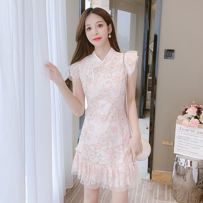 Retro cheongsam, fitted brace, short sleeve dress, floral print, fish tail Retro cheongsam, fitted brace, short sleeve dress, floral print, fish tail