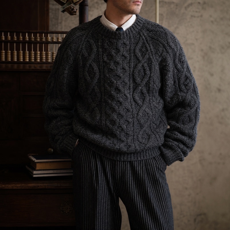 Amei Kaji Retro Cable Knit Sweater for Men, Thick Icelandic Wool, Heavy Knit Sweater, Aran Sweater