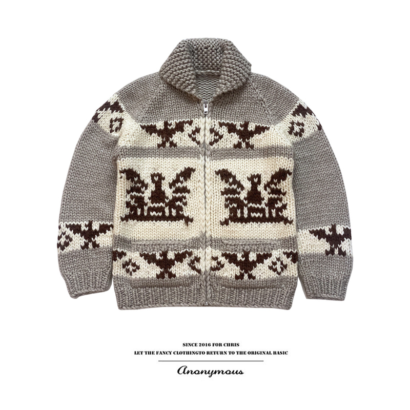 Handmade Chunky Knit Heavy-Duty Thunderbird Nordic Style Vintage Coat for Cold Weather, Snow Pattern Canadian Coyote Sweater Handmade Chunky Knit Heavy-Duty Thunderbird Nordic Style Vintage Coat for Cold Weather, Snow Pattern Canadian Coyote Sweater