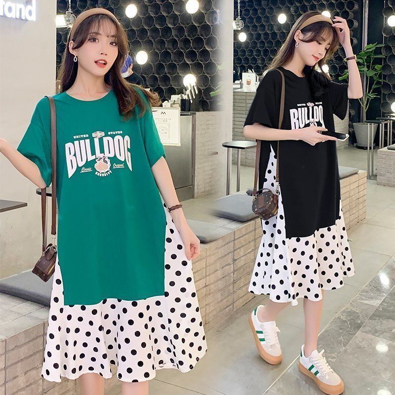 Plus Size 1.0-150kg Summer Loose Short-Sleeve T-Shirt Over-The-Knee Slimming Patchwork Fake Two-Piece Dress for Women