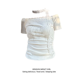 Pure desire hot girl lace patchwork waist short sleeve t-shirt ສໍາລັບແມ່ຍິງ
