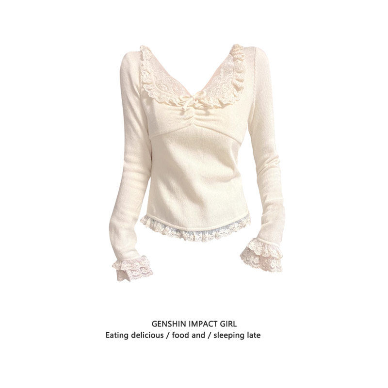 Lace-trimmed, uniquely designed, elegant U-neck long-sleeved T-shirt with bow tie, new style for women, made with German fleece base layer.