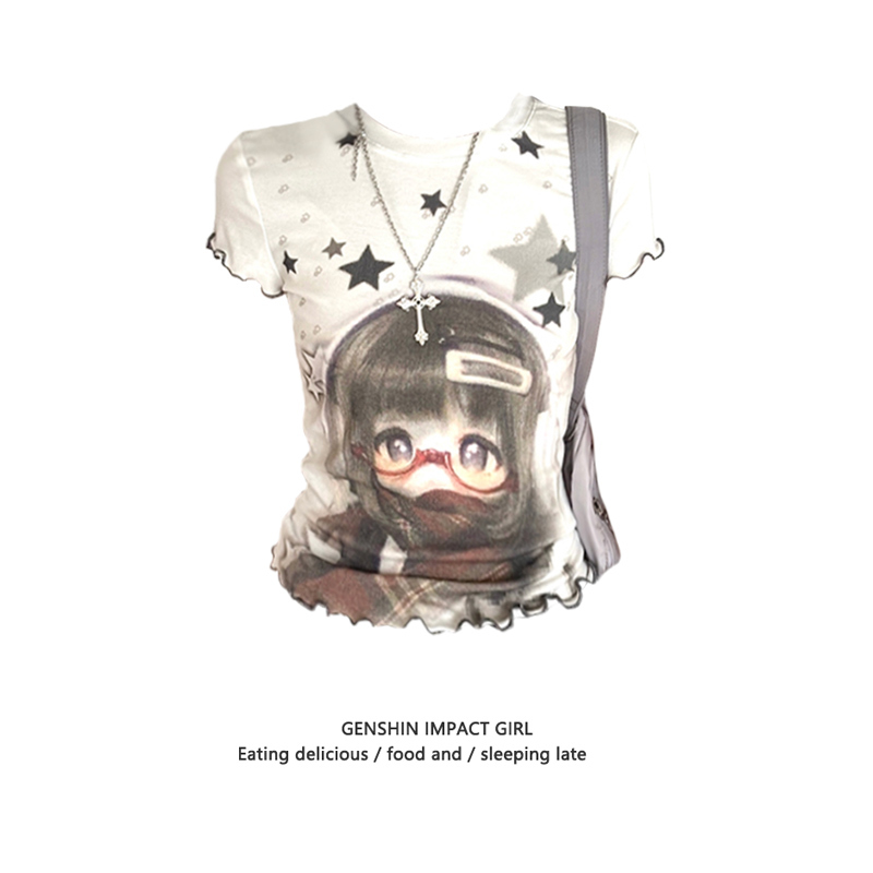 Niche Comic Star Graffiti Print Short-Sleeve T-Shirt for Women, Summer Y2K Yabi Cute Spicy Girl Slim-Fit Versatile Top