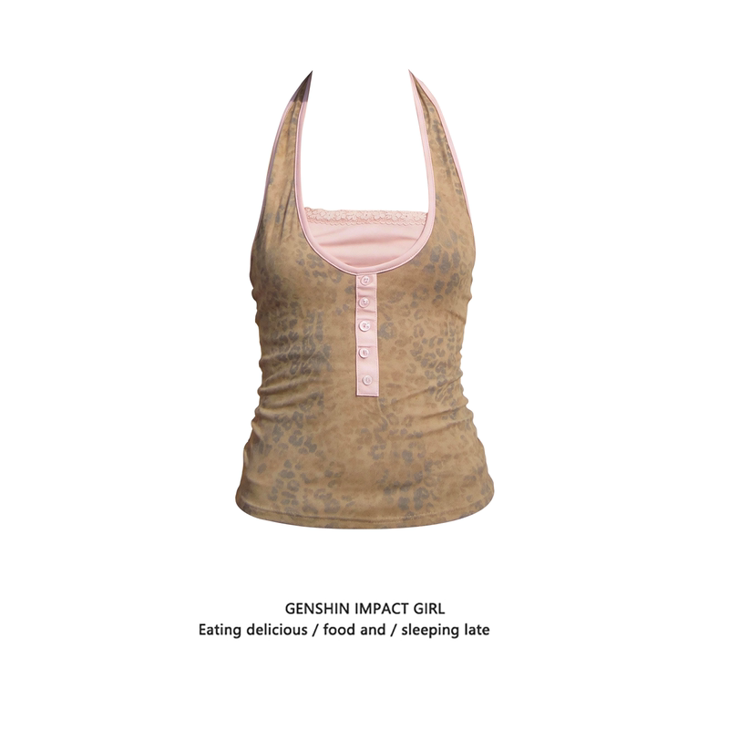 Leopard Print Patchwork Pink Faux Two-Piece Halter Top for Women, New Summer Slim-Fit Hot Girl Style Inner Top