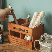 Makeup brush bucket remote control desktop stationery storage box desk brush pencil finishing zakka retro wooden box