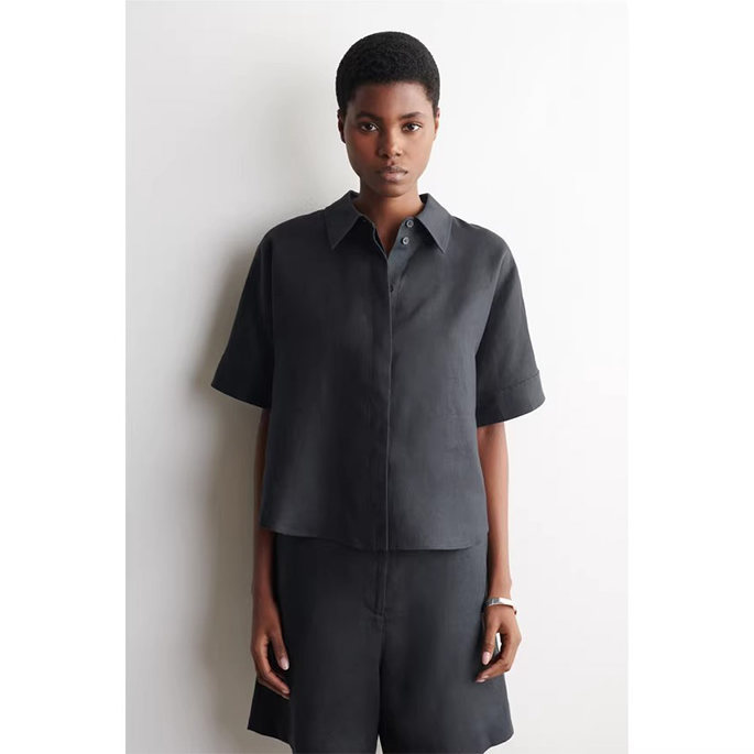 Cs Women's Loose Fit Linen Pointed Collar Short-Sleeved Shirt Washed Black 2026 Spring and Summer New Product 1314348002