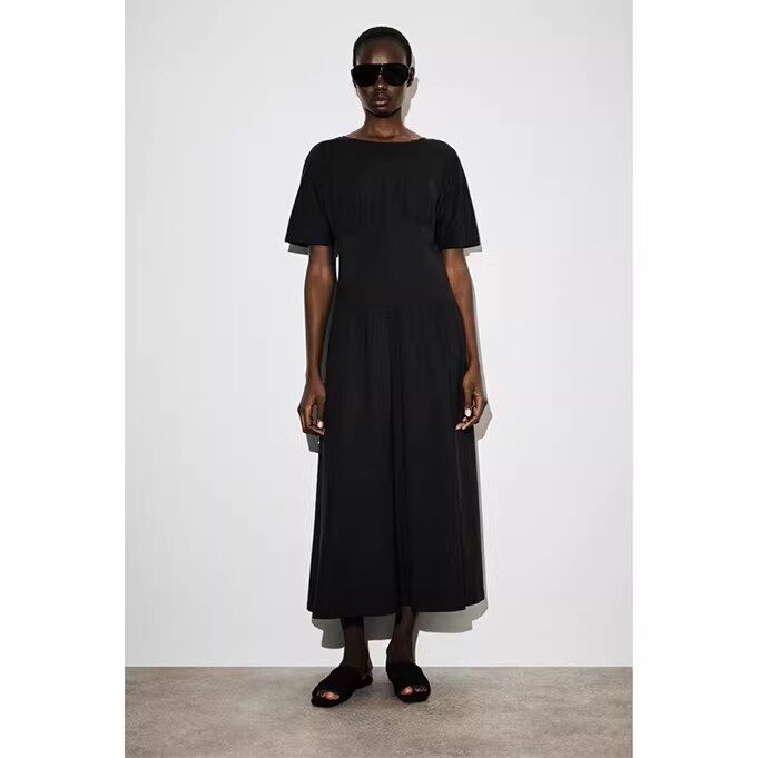 Cs Women's Clothing Casual Fit Waist-Cinching Cotton Mid-Length Dress Black 2026 Summer New Arrival 1334995001