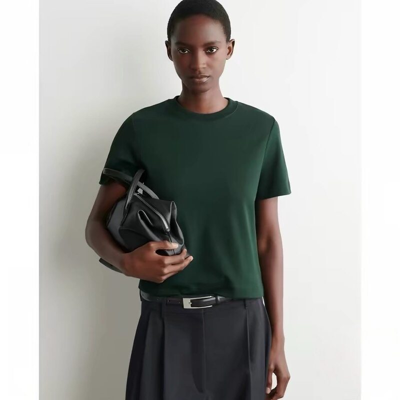 Cs Women's Clothing Standard Fit Pure Cotton Round Neck Short Sleeve T-Shirt Dark Green 2026 Summer New Product 1325526018