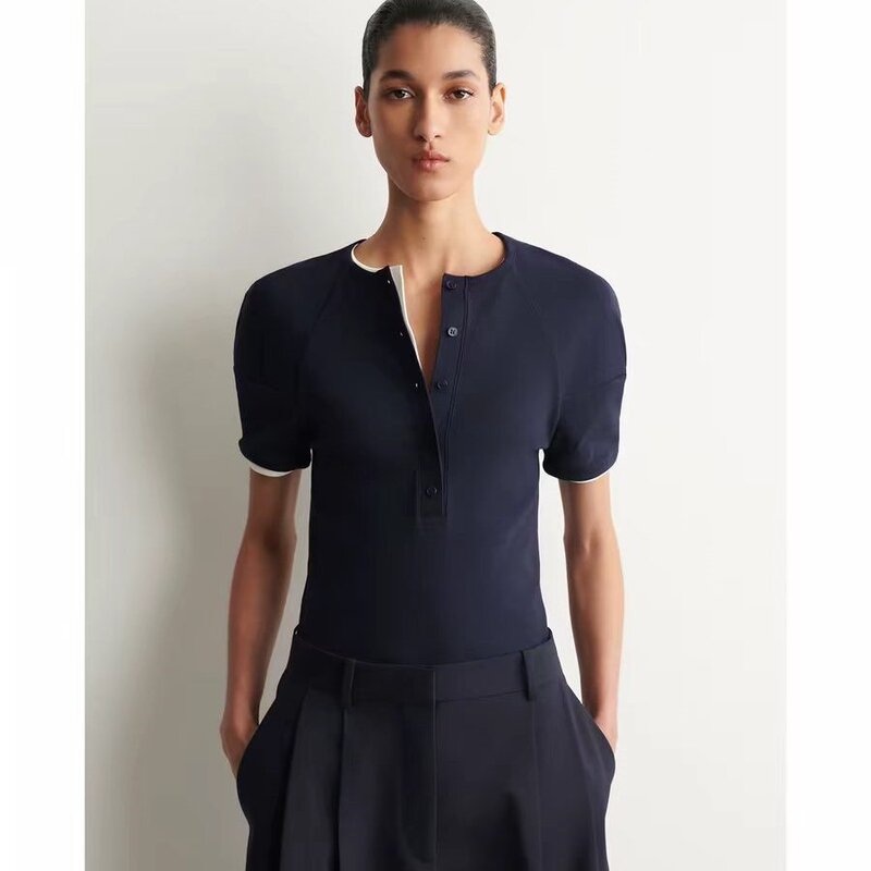 Cs Women's Clothing Standard Fit Henry Collar Top Navy Blue 2026 Summer New Arrival 1339536002 Cs Women's Clothing Standard Fit Henry Collar Top Navy Blue 2026 Summer New Arrival 1339536002