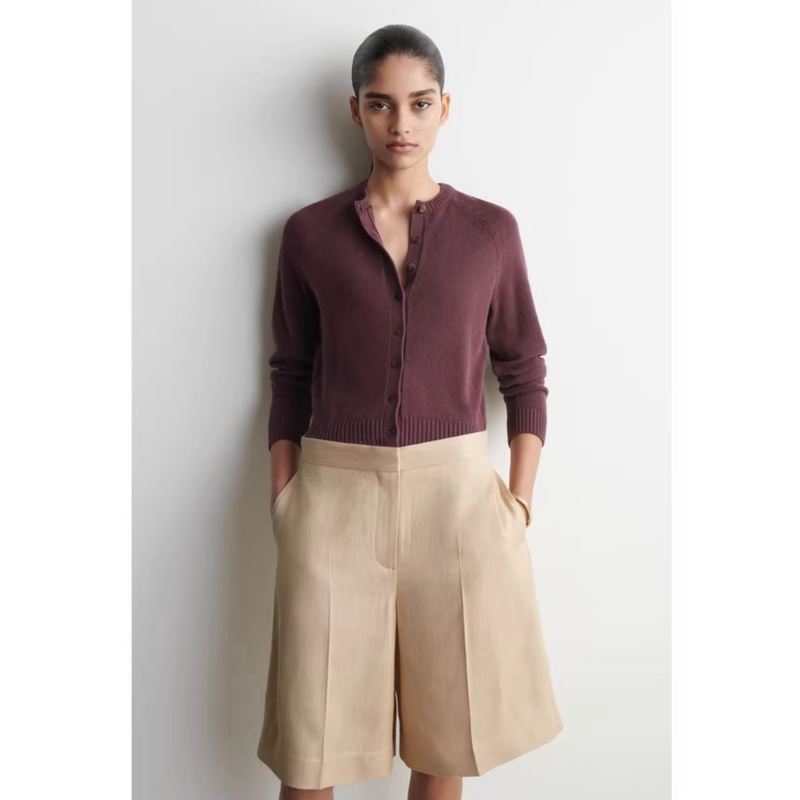 Cs Women's Clothing Standard Fit Round Neck Linen Knit Cardigan Burgundy 2026 Spring New Arrival 1315013001