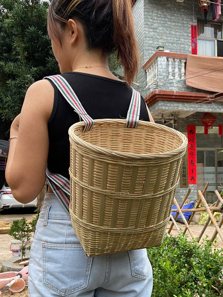 Bamboo Basket, Double-Shoulder Dance Prop, Traditional Ethnic Style Bamboo Basket, Basket for Buying Vegetables and Picking, Basket with Lid